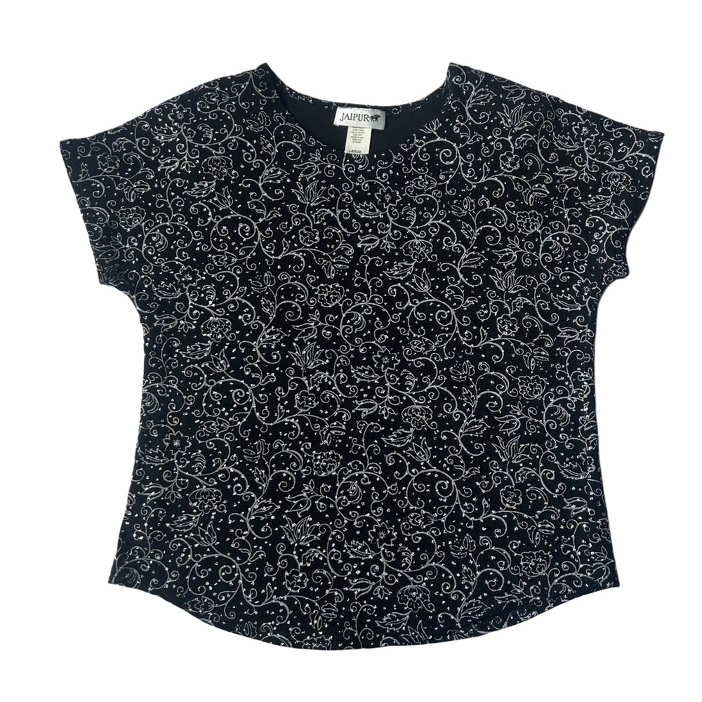 ✨ VTG Jaipur USA Black Glitter Floral Top Large Made in USA Y2K